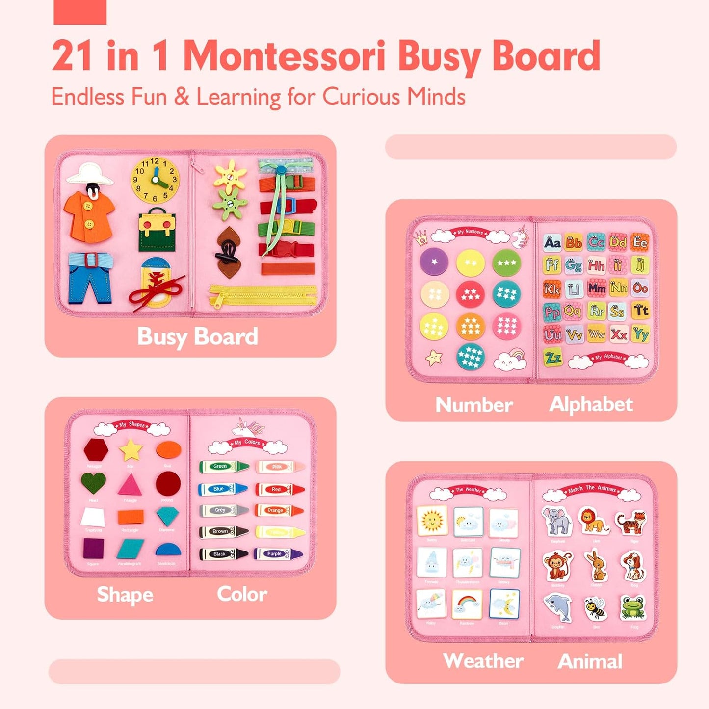 hahaland Busy Board - Montessori Toys for 2 Year Old Girl Birthday Gift - Preschool Learning Activities - Educational Toddler Girl Toys 2-3 Stocking Stuffers Gifts Christmas Travel Toys for Ages 2-4