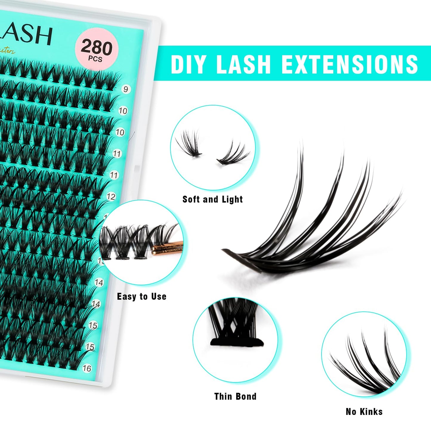 VAVALASH DIY Lash Extension Kit 280 Clusters Individual Lashes Kit 30D 40D 0.07D-10-16mm Lash Clusters, Lash Bond and Seal, Lash Tweezer for DIY Eyelash Extension at Home（Kit-30D+40D-0.07D-10-16MIX）