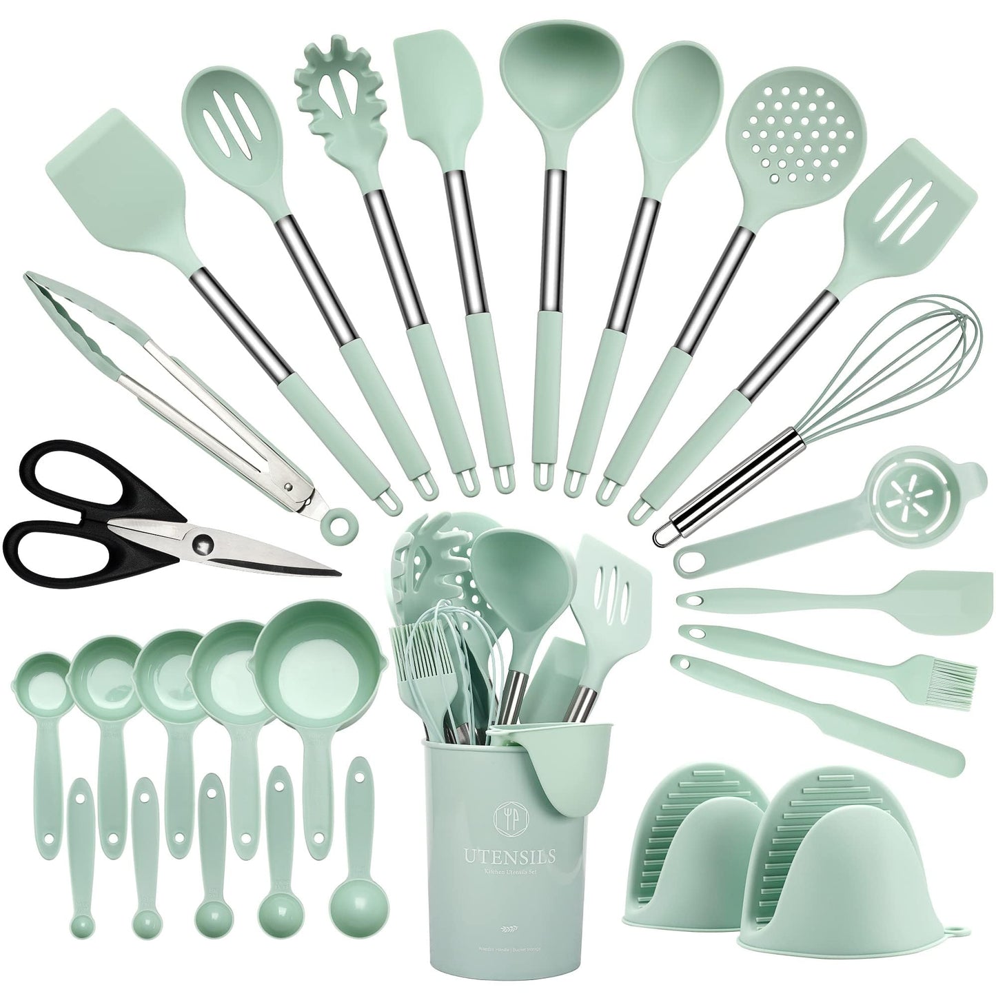 Kitchen Utensils Set, Hvygss Silicone Cooking Utensils Set, Stainless Steel Handle Silicone Spatula Set with Silicone Whisk, Tongs, Ladle, Scissors, Measuring Cups and Spoons Set (Khaki)