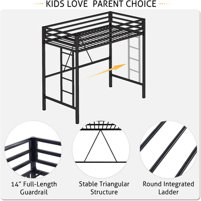 SHA CERLIN Junior Loft Bed Twin Size, Heavy Duty Twin Bed Frame with Full-Length Guardrail & Removable Stairs, Noise-Free, Space-Saving, No Box Spring Needed, Black