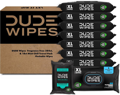 DUDE Wipes - Flushable Wipes - Unscented 8 Pack + Mint Travel Pack, 402 Wipes - Extra Large Dispenser Wet Wipes with Vitamin E & Aloe For Men - Septic and Sewer Safe