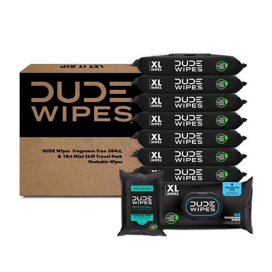 DUDE Wipes - Flushable Wipes - Unscented 8 Pack + Mint Travel Pack, 402 Wipes - Extra Large Dispenser Wet Wipes with Vitamin E & Aloe For Men - Septic and Sewer Safe