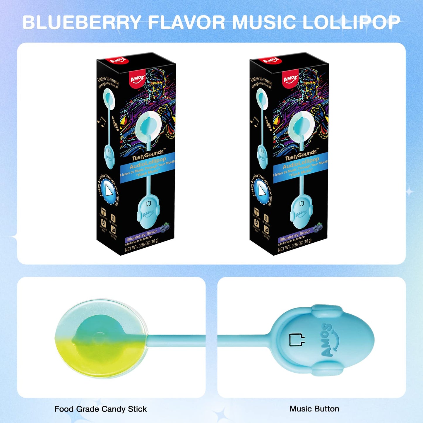 Music Lollipop Suckers,AMOS Audio Lollipop Sugar Free, Singing Lollipop Individually Wrapped, Novelty Gift for Mothers Day (Blueberry, Pack of 1)