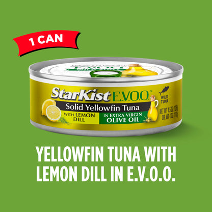 StarKist E.V.O.O. Solid Yellowfin Tuna in Extra Virgin Olive Oil, 4.5 oz (4 Pack) Canned Tuna Fish, Wild Caught, Gluten Free, Ready to Eat, Perfect for Salads, Keto Meals and Snacks