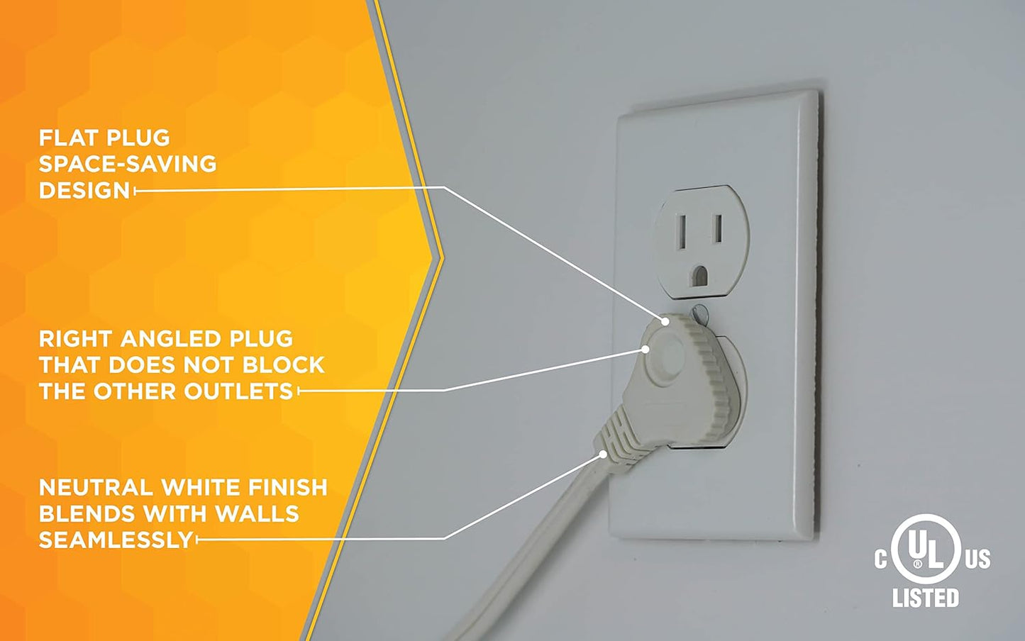 SlimLine 2235 Indoor Flat Plug Extension Cord, 3 Foot Cord, Right Angled Plug, 16 gauge, 3 Polarized Outlets, 125 Volts, Space Saving Design, Neutral White Color, UL