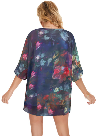 Women's Floral Print Puff Sleeve Kimono Cardigan Loose Cover Up Casual Blouse Tops