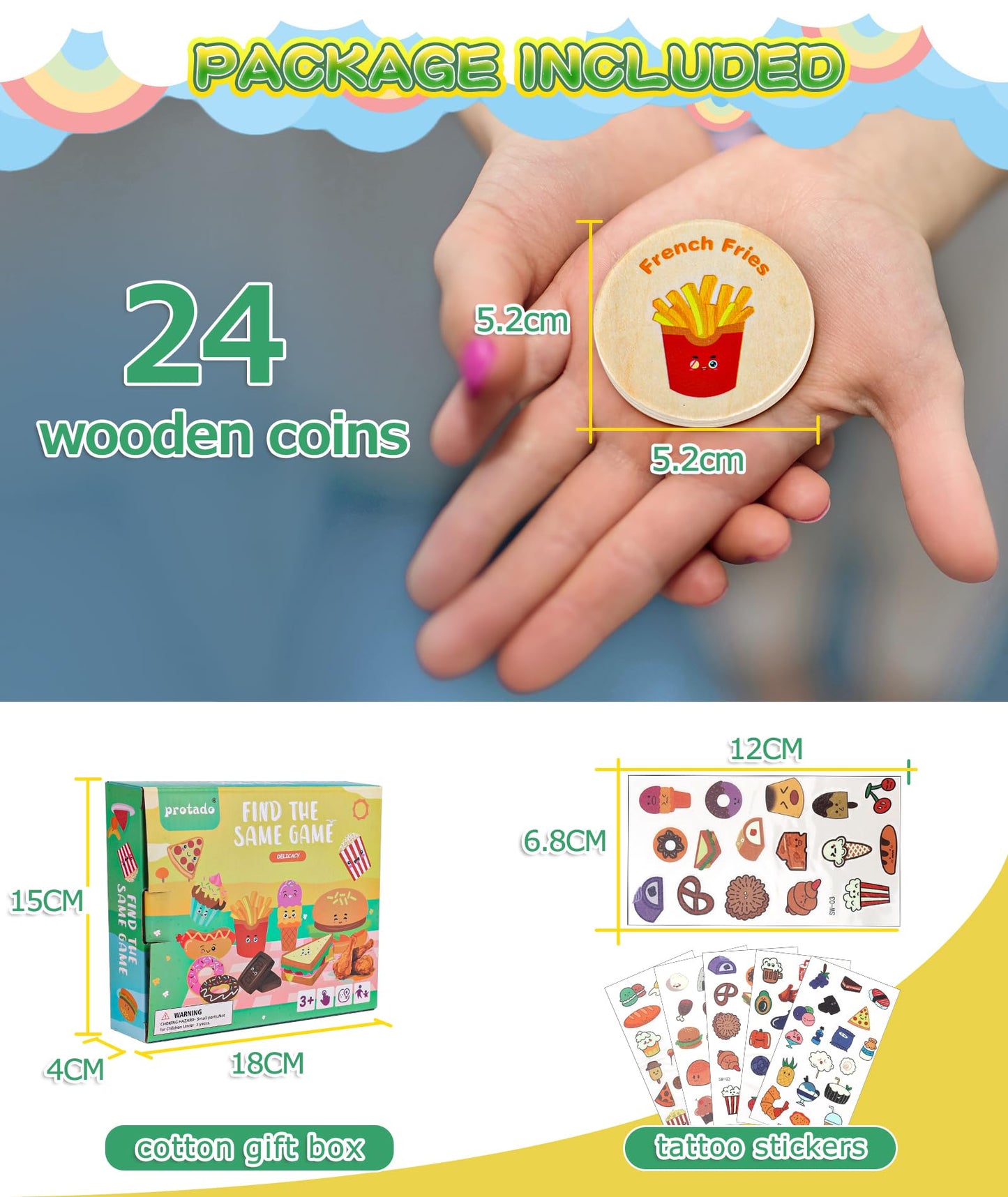 Wooden Match Memory Game for Kids, 24Pc Memory Matching Cards with 5Pc Tattoo Stickers, Educational Memory Matching Game for Pre-Kindergarten Early Learning Development Kids-Dinosaur