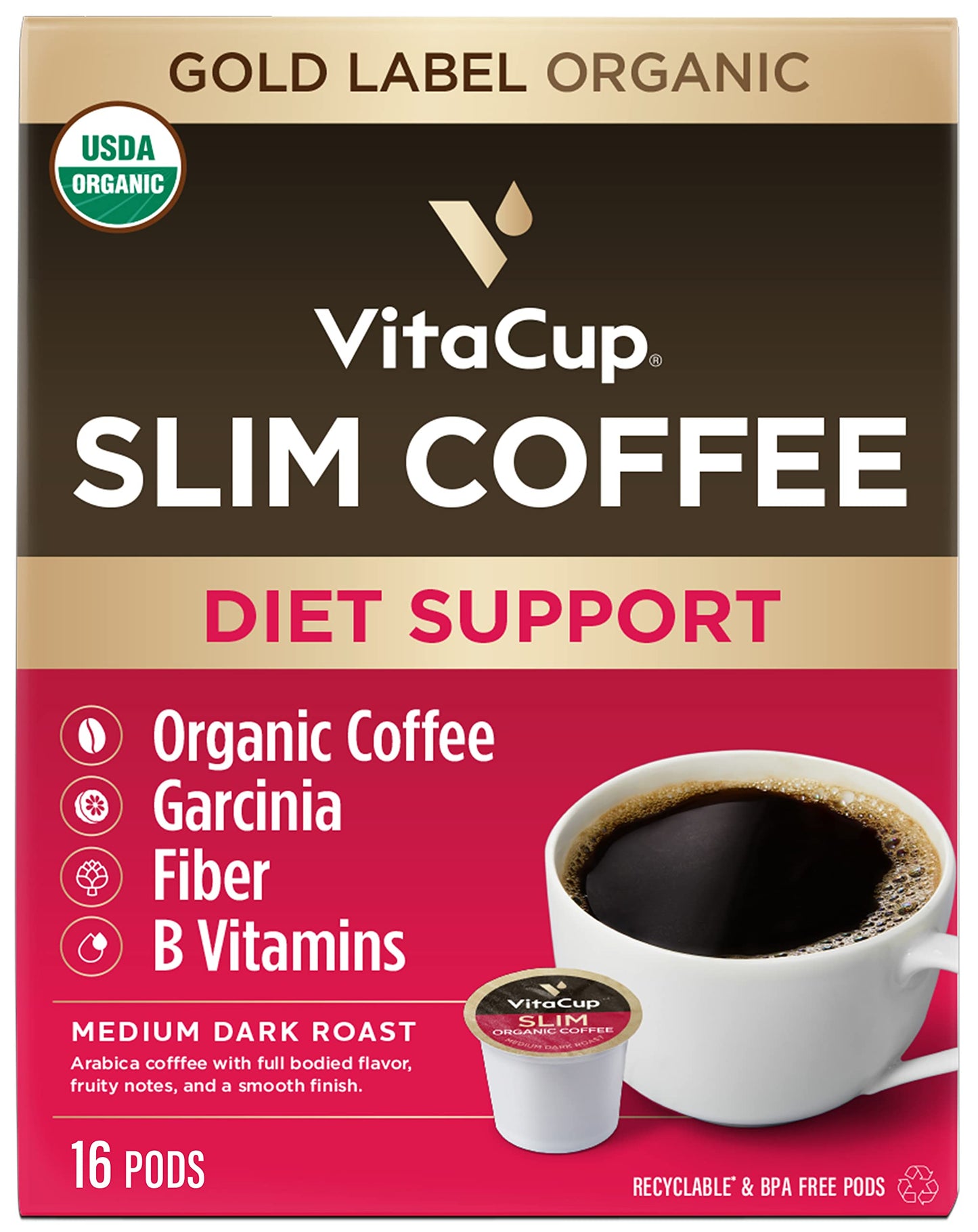 VitaCup Mushroom Coffee Pods - Boost Focus & Immunity with Lions Mane, Chaga, Vitamins, for Memory & Clarity, Recyclable K-Cup Pods, 16 Ct