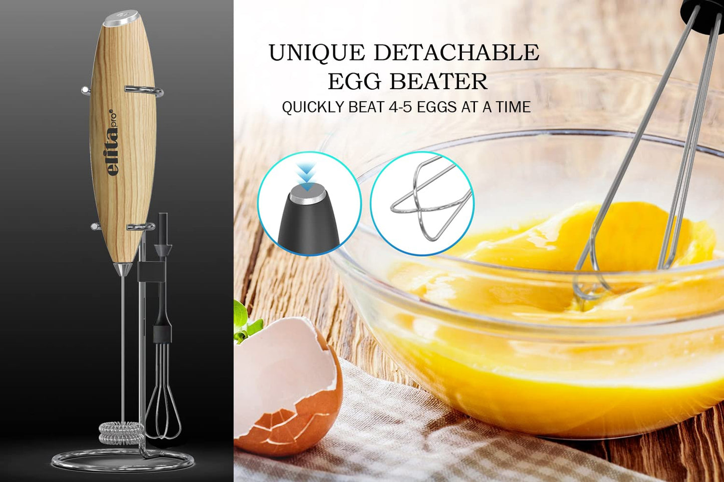 ElitaPro Powerful Milk Frother Wand - 2 in 1 Handheld Coffee Frother and Egg Beater - Mini Foam Maker With Stand - Whisk Drink Mixer & Foamer for Coffee, Latte, Matcha, Hot Chocolate (Exec Black)