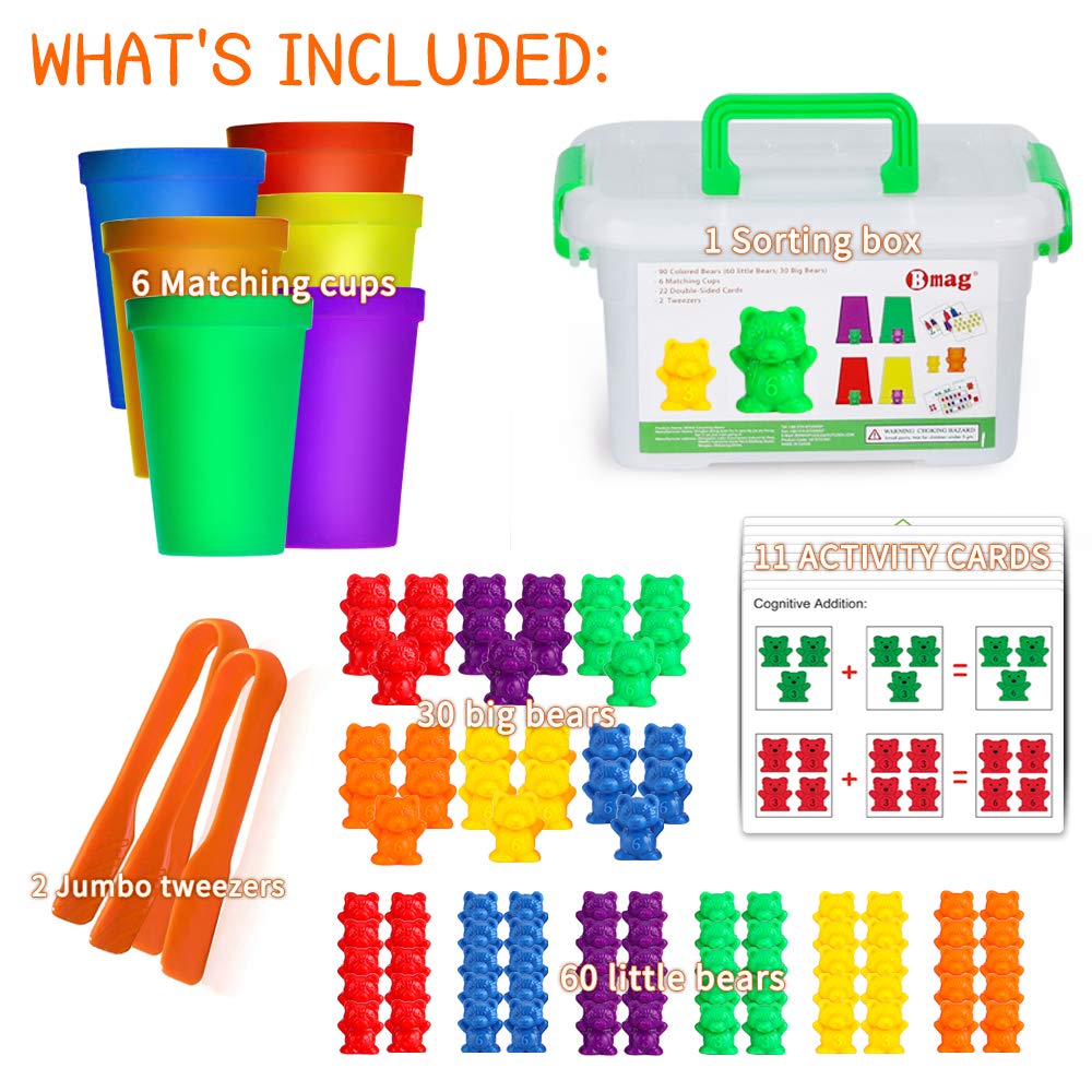 Bmag Counting Bears with Matching Sorting Cups, Preschool Math Learning Game with 24 Big Bears, 24 Little Bears, STEM Educational Learning Activities Gifts for Kids Age 3 4 5 Year Old