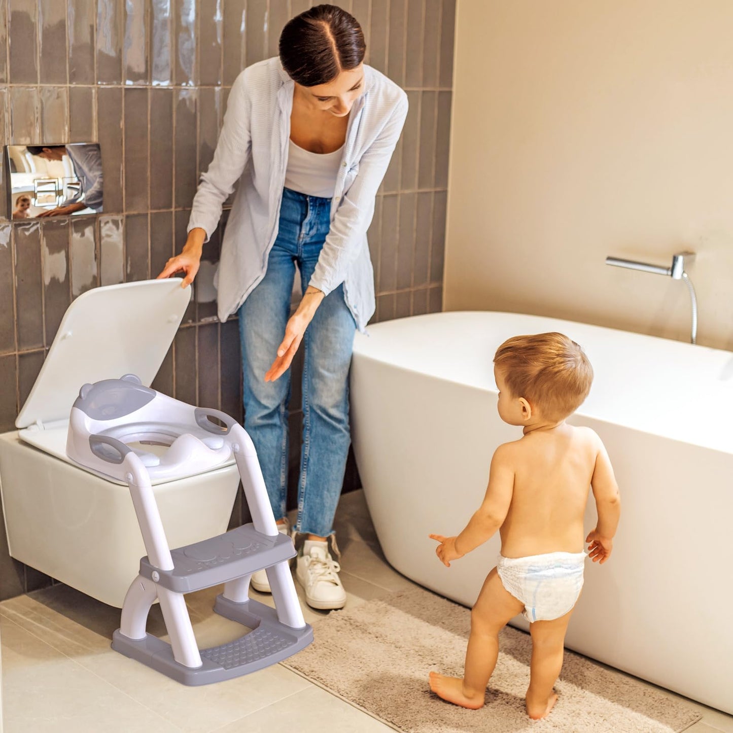 Toilet Potty Training Seat with Step Stool Ladder,SKYROKU Training Toilet for Kids Boys Girls Toddlers-Comfortable Safe Potty Seat with Anti-Slip Pads Ladder (Grey)