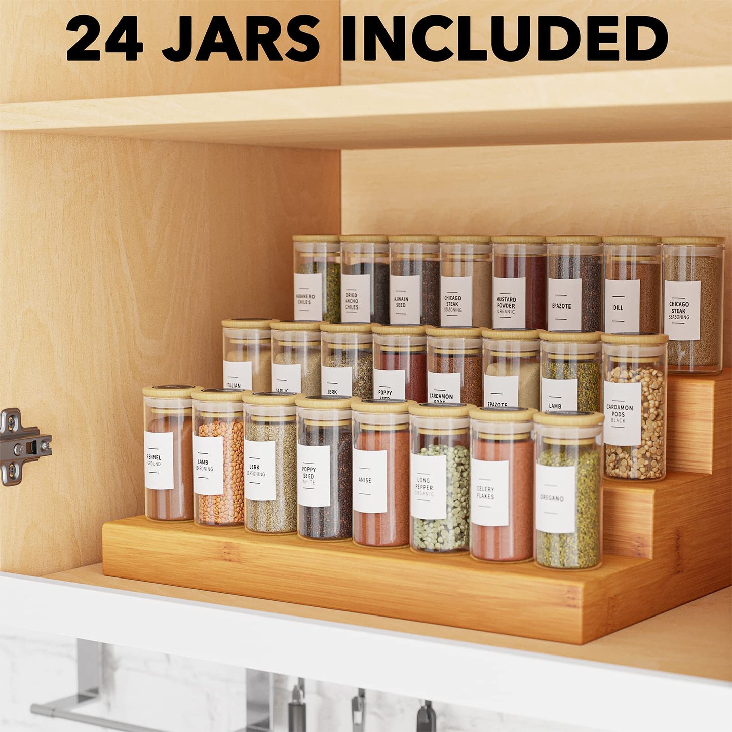 SpaceAid 24 Pcs Spice Jars with Bamboo Lids and Labels, Empty 4oz Glass Bottles, Minimalist Farmhouse Stickers with Funnel, Seasoning Containers for Spice Rack, Cabinet and Drawer