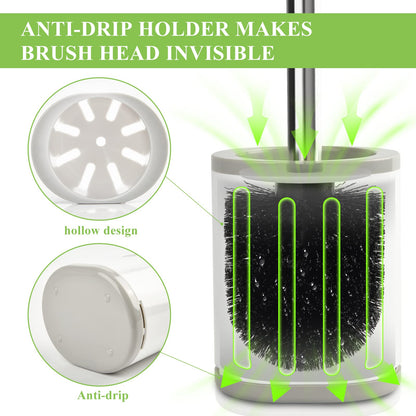 Compact Toilet Brush & Holder, Stainless Steel Handle, Space Saving for Storage, Deep Cleaning, Drip-Proof, Easy to Assemble, Nylon Bristles, White & Grey