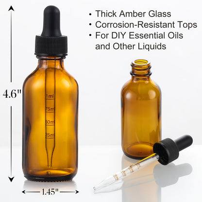 AOZITA 4 Pack, 2 oz Dropper Bottles with 1 Funnel & 4 Labels - 60ml Thick Dark Amber Glass Tincture Bottles with Eye Droppers - Leakproof Essential Oils Bottles