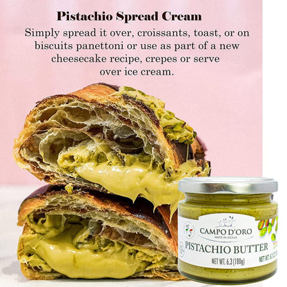 Pistachio Nut Butter Sweet Cream, 6.35 oz (180g), Sweet Sicilian Pistachio Cream Spread, Spreadable, Mix Well After Openiong,Pistachios from Sicily, Italy, No Palm Oil, Campo D'Oro