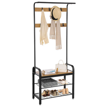 VASAGLE Coat Rack, Hall Tree with Shoe Bench for Entryway, Entryway Bench with Coat Rack, 4-in-1, with 9 Removable Hooks, a Hanging Rod, 13.3 x 28.3 x 72.1 Inches, Honey Brown and Black UHSR040B05