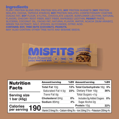 Misfits Vegan Protein Bar, Variety Pack, Plant Based Chocolate Protein Bars, High Protein Snacks for Adults with 15g Plant Protein Per Bar, Low Carb, 1g Sugar, High Fiber, Healthy Snack Food, 12 Pack