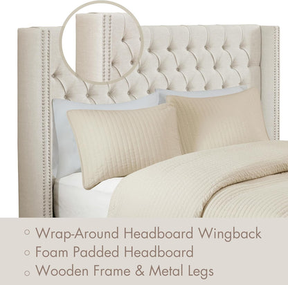 Madison Park Amelia Upholstered Headboard | Nail Head Trim Wingback Button Tufted | King, Cream