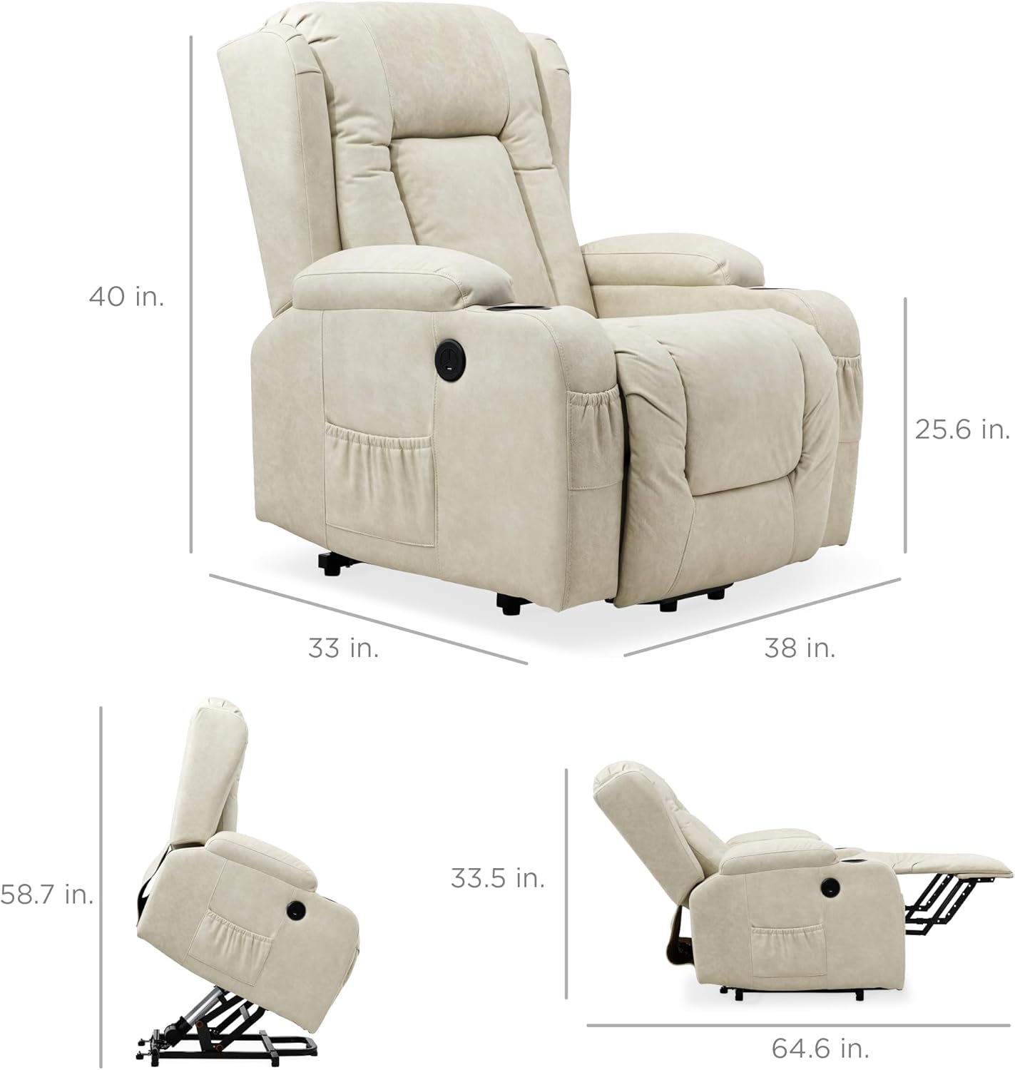 Best Choice Products PU Leather Electric Power Lift Chair, Recliner Massage Chair, Adjustable Furniture for Back, Legs w/ 3 Positions, USB Port, Heat, Cupholders, Easy-to-Reach Side Button - Beige