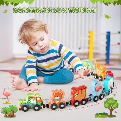 Toys for Toddlers, 11 Magnetic Wooden Animals Train Set, Montessori Toys for Toddlers, Preschool Learning Activities for kids, Birthday Gifts for Boys, Girls