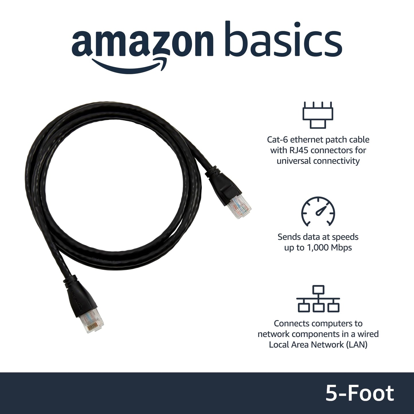 Amazon Basics RJ45 Cat-6 Ethernet Patch Cable, 1Gpbs Transfer Speed, Gold-Plated Connectors, 25 Foot (7.6 Meters), Black