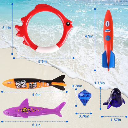 30 Packs Summer Pool Diving Swimming Essentials Toys for Kids, Fun Swim Games Sinking Set, Underwater Dive Gifts with Storage Bag Include Torpedo Gems Shark Rings Sea Animals for Boys Girls Toddlers