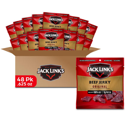 Jack Link's Beef Jerky, Original, Multipack Bags – Flavorful Meat Snacks for Lunches, Ready to Eat, Individual Packs - 7g of Protein, Made with 100% Beef – 0.625 oz (Pack of 20)