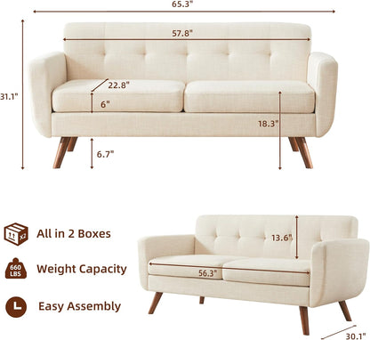 Tbfit 65" W Loveseat Sofa, Mid Century Modern Decor Love Seat Couches for Living Room, Button Tufted Upholstered Small Couch for Bedroom, Solid and Easy to Install Love Seats Furniture, Beige