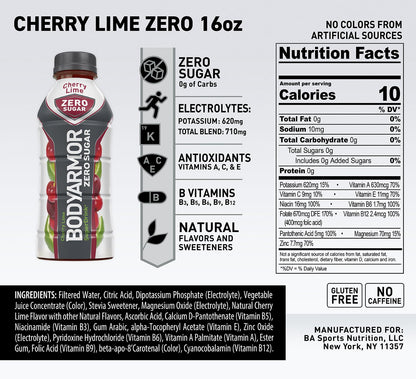 BODYARMOR ZERO Sugar Fruit Punch, Sugar Free Sports Drink - Low-Calorie Hydration - Natural Flavors with Potassium Packed Electrolytes, Antioxidants, and B-vitamins, 16 fl oz (pack of 12)