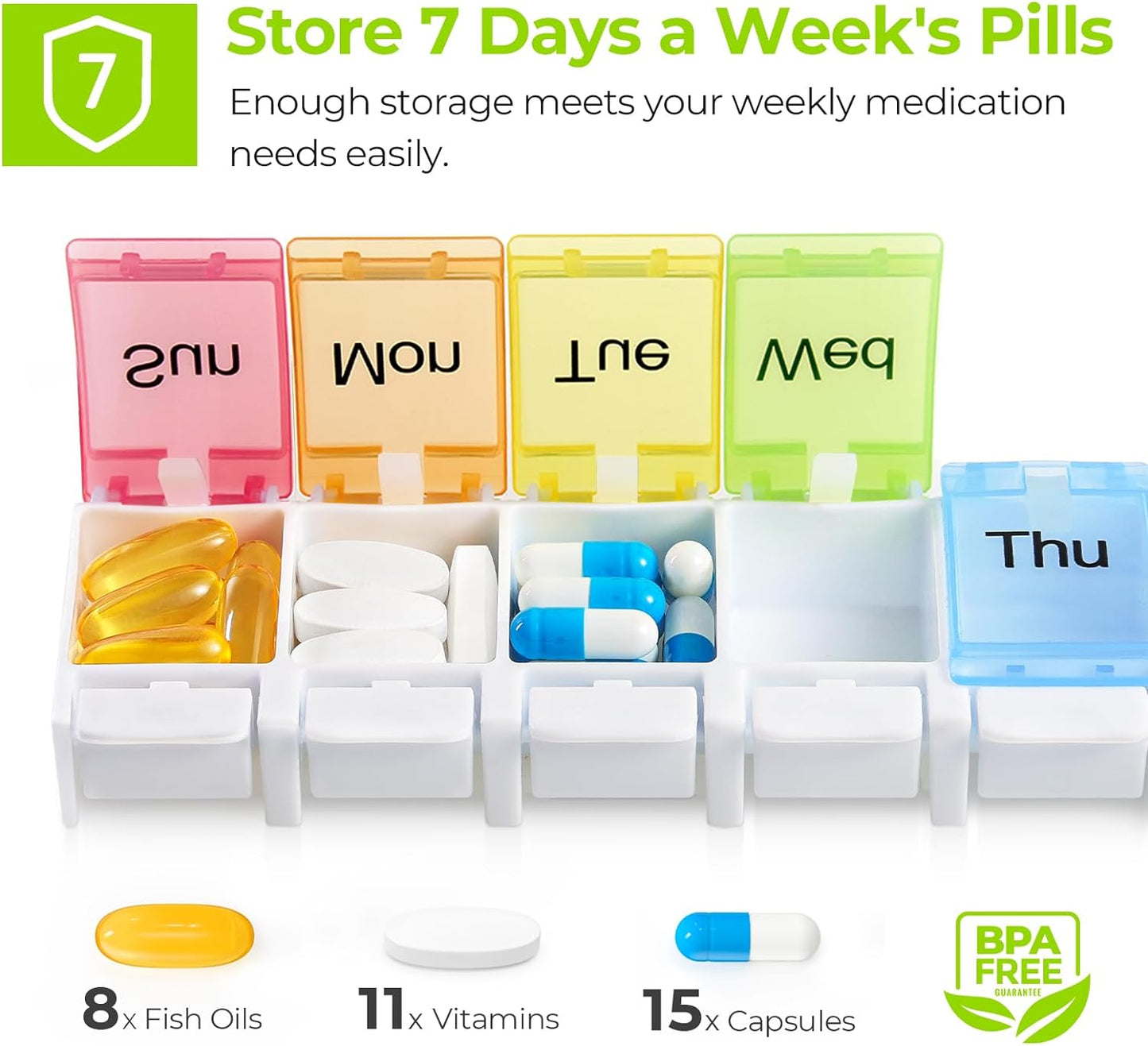 AUVON Weekly Pill Organizer Arthritis Friendly, BPA Free Travel 7 Day Pill Box Case with Spring Open Design and Large Compartment to Hold Vitamins, Cod Liver Oil, Supplements and Medication