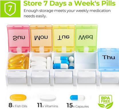 AUVON Weekly Pill Organizer Arthritis Friendly, BPA Free Travel 7 Day Pill Box Case with Spring Open Design and Large Compartment to Hold Vitamins, Cod Liver Oil, Supplements and Medication