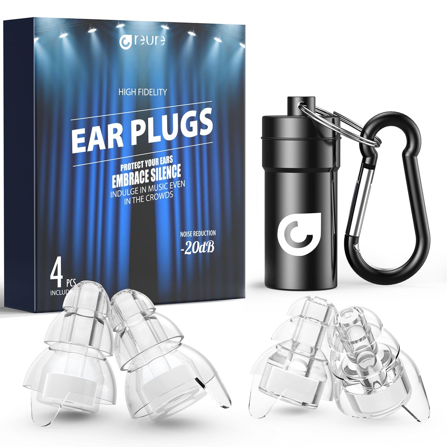 Reure High Fidelity Concert Ear Plugs, Noise Cancelling Silicone Ear Plugs 2 Pairs Great for Concerts Loud Music, Musicians, Motorcycles, Airplanes, Raves, Hearing Protection -20 dB