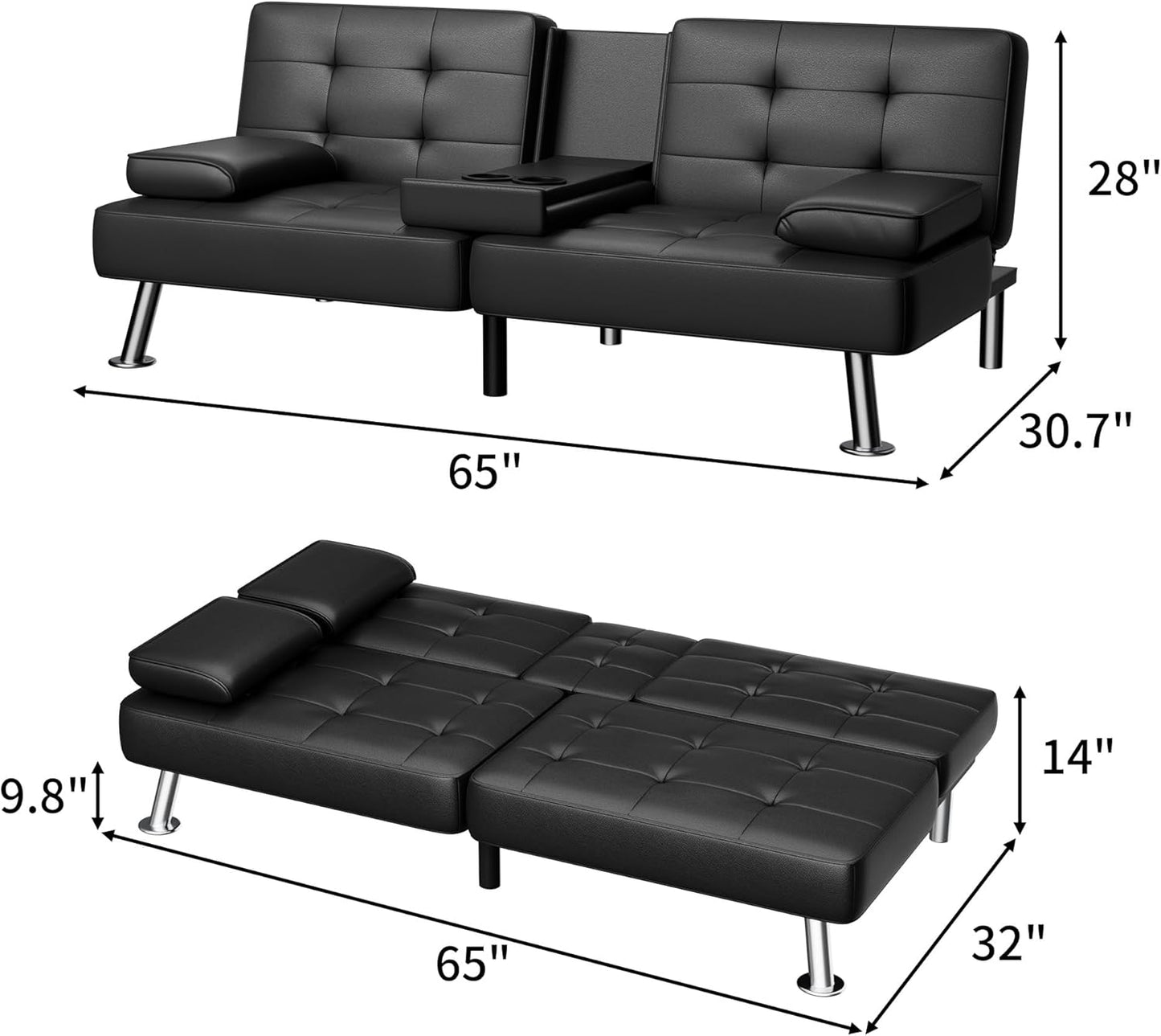 Futon Sofa Bed, Modern Faux Leather Convertible Folding Lounge Couch for Living Room with 2 Cup Holders Removable Soft Armrest and Sturdy Metal Legs, Black