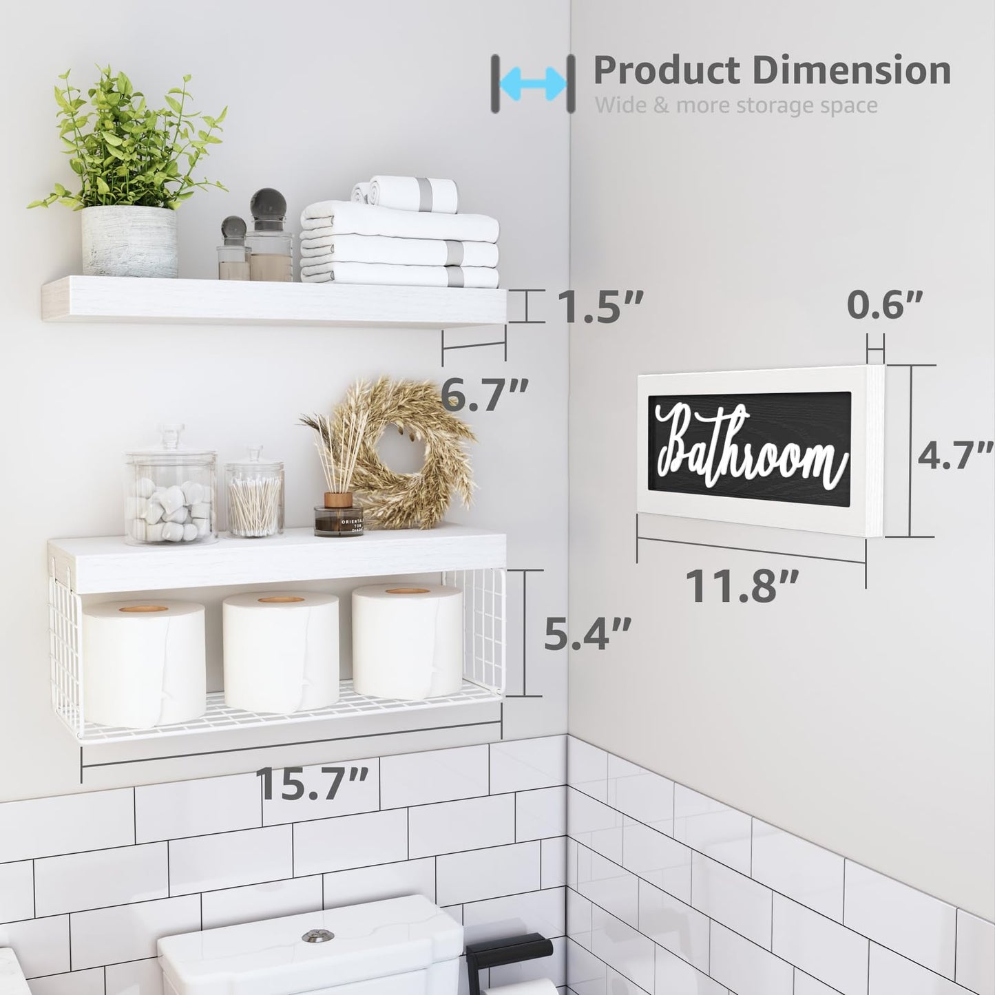 QEEIG ‎Bathroom Furniture Sets Shelves Over Toilet Paper Storage Wall Mounted Farmhouse Decor Decorations Aesthetic Décor Sign Small Floating Wall Shelf 2+1 Set 16 inch, Grey (020GY)