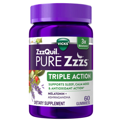 ZzzQuil PURE Zzzs Triple Action, 6mg Melatonin Gummies, 3X Melatonin Sleep Aid with Ashwagandha, Calm Mood & Antioxidant Action, Sleep Aid for Adults, 6 mg per serving, 60 Count