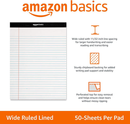 Amazon Basics Wide Ruled Lined Writing Note Pad, 8.5 inch x 11.75 inch, White, 12 Count ( 12 Pack of 50 )