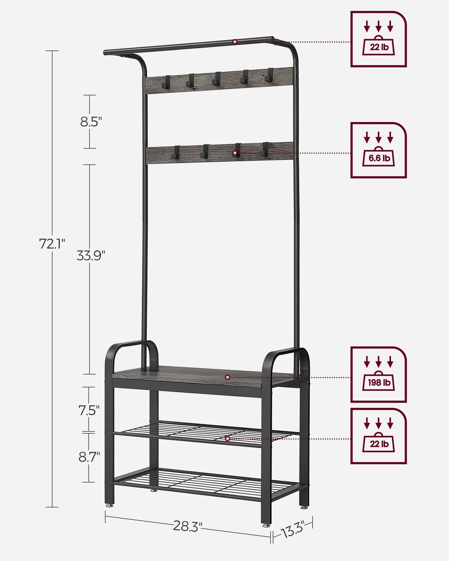 VASAGLE Coat Rack, Hall Tree with Shoe Bench for Entryway, Entryway Bench with Coat Rack, 4-in-1, with 9 Removable Hooks, a Hanging Rod, 13.3 x 28.3 x 72.1 Inches, Honey Brown and Black UHSR040B05