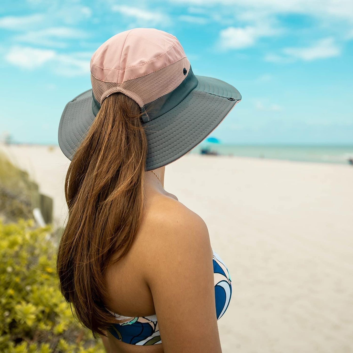 Women's Outdoor UV-Protection-Foldable Sun-Hats Mesh Wide-Brim Beach Fishing Hat with Ponytail-Hole