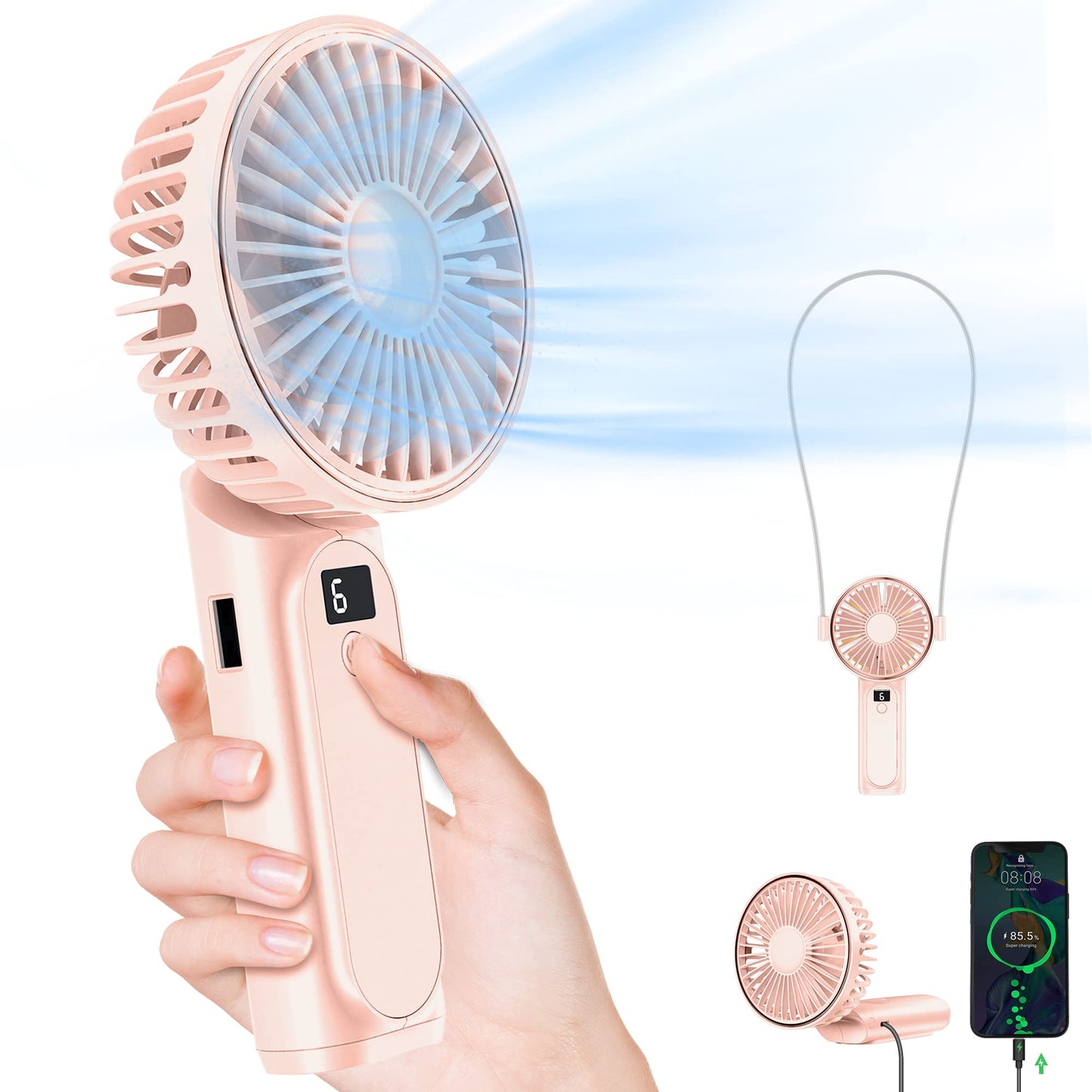 TUNISE Portable Handheld Fan, Portable Fan Rechargeable, 4000mAh, 180° Adjustable, 6 Speed Wind, Display Electricity in Real Time, USB Rechargeable Foldable Fan, Quiet Personal Fan as the Power Bank