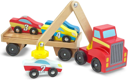 Melissa & Doug Magnetic Car Loader Wooden Toy Set With 4 Cars and 1 Semi-Trailer Truck