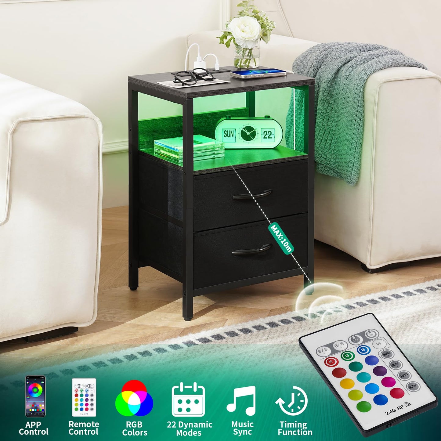 Yoobure Nightstand with Charging Station, LED Night Stand with Fabric Drawers and Storage Shelf for Bedroom, Nightstands Bedside Tables with USB Ports & Outlets, Small Night Stands, Bed Side Table