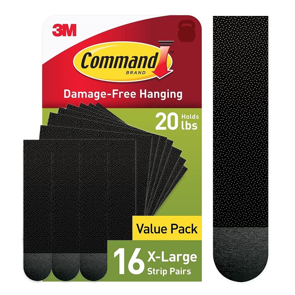 Command 20 Lb XL Heavyweight Picture Hanging Strips, Damage Free Hanging Picture Hangers, Heavy Duty Wall Hanging Strips for Living Spaces, 16 Black Adhesive Strip Pairs