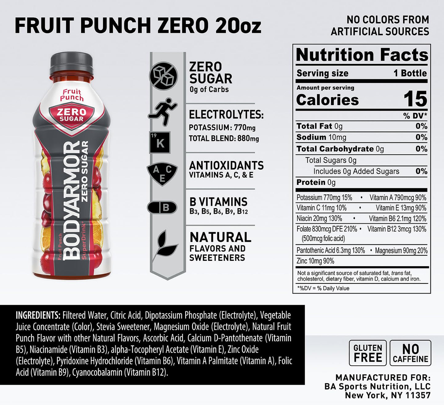 BODYARMOR ZERO Sugar Fruit Punch, Sugar Free Sports Drink - Low-Calorie Hydration - Natural Flavors with Potassium Packed Electrolytes, Antioxidants, and B-vitamins, 16 fl oz (pack of 12)