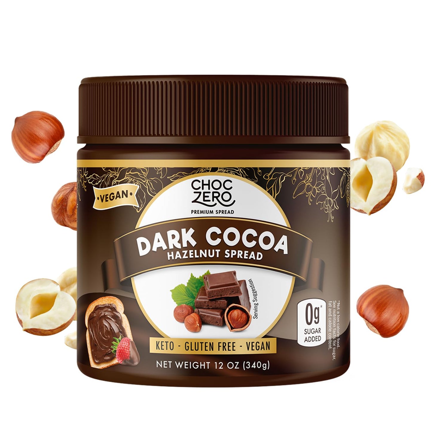 ChocZero Milk Chocolate Hazelnut Spread - Keto Friendly, No Sugar Added, Best Low Carb Dessert, Perfect Topping for Almond Flour Pancakes, Naturally Sweetened with Monk Fruit (1 jar, 12 oz)