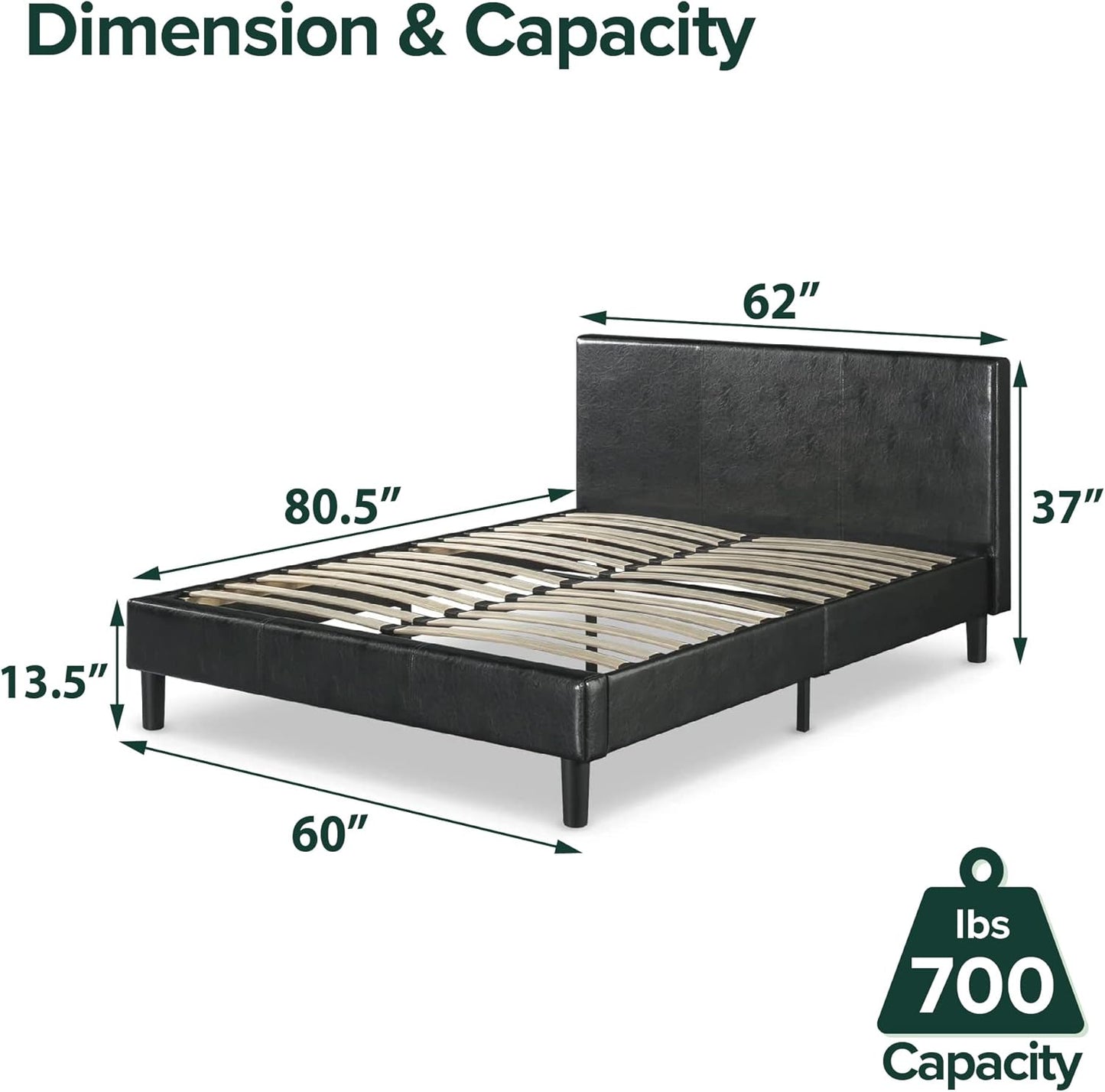 ZINUS Jade Faux Leather Upholstered Platform Bed Frame / Mattress Foundation with Wood Slat Support / No Box Spring Needed / Easy Assembly, Queen