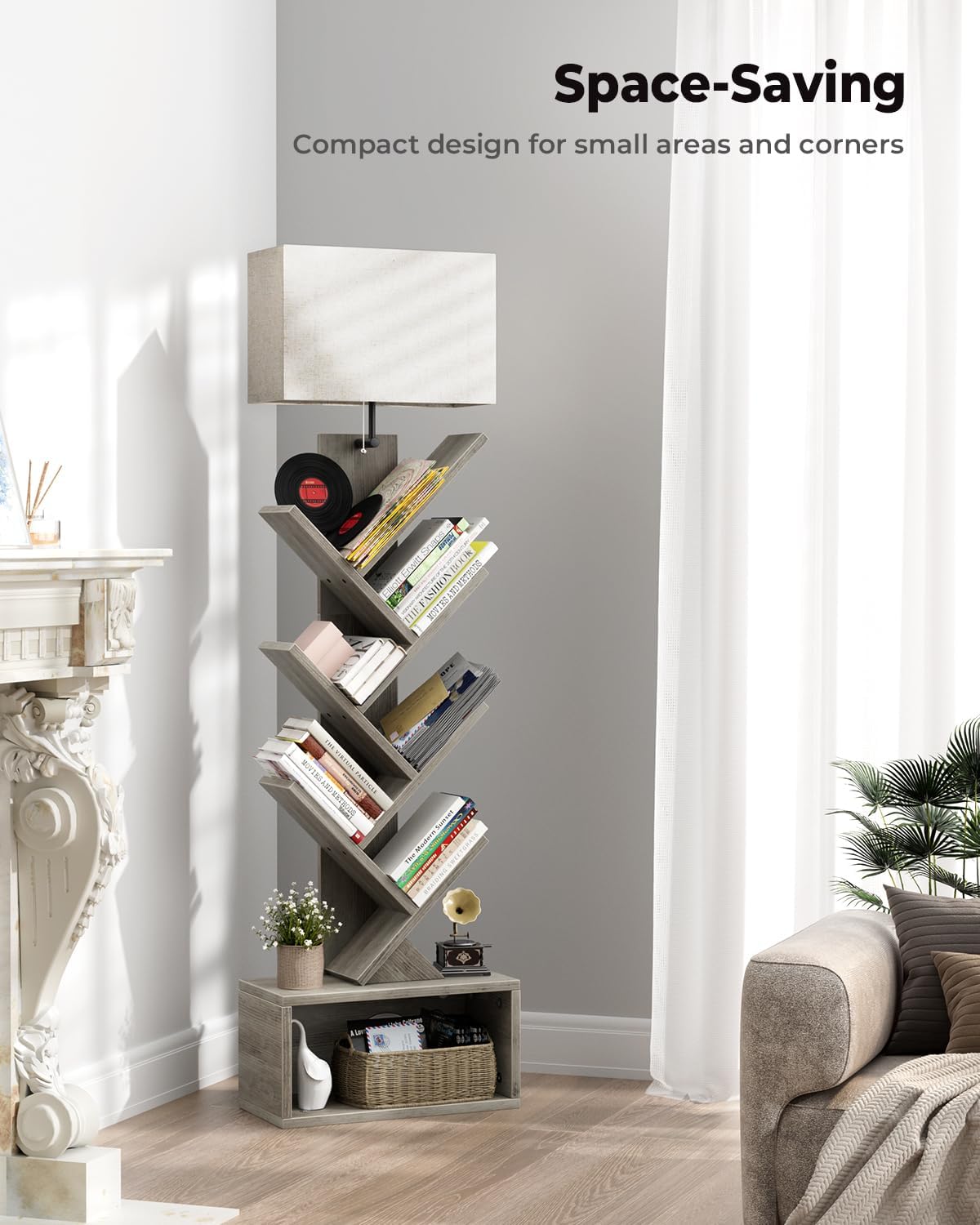 6 Tier Tree Bookshelf with Light, Small Bookcase Tower for Books/CDs/Movies, Sturdy Tall Floor Standing Book Organizer with Storage Cabinet for Living Room, Bedroom and Home Office, Gray