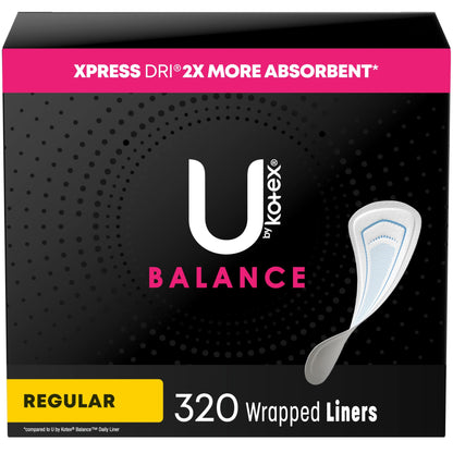 U by Kotex Balance Wrapped Panty Liners, Regular Length, 80 Count (Packaging May Vary)