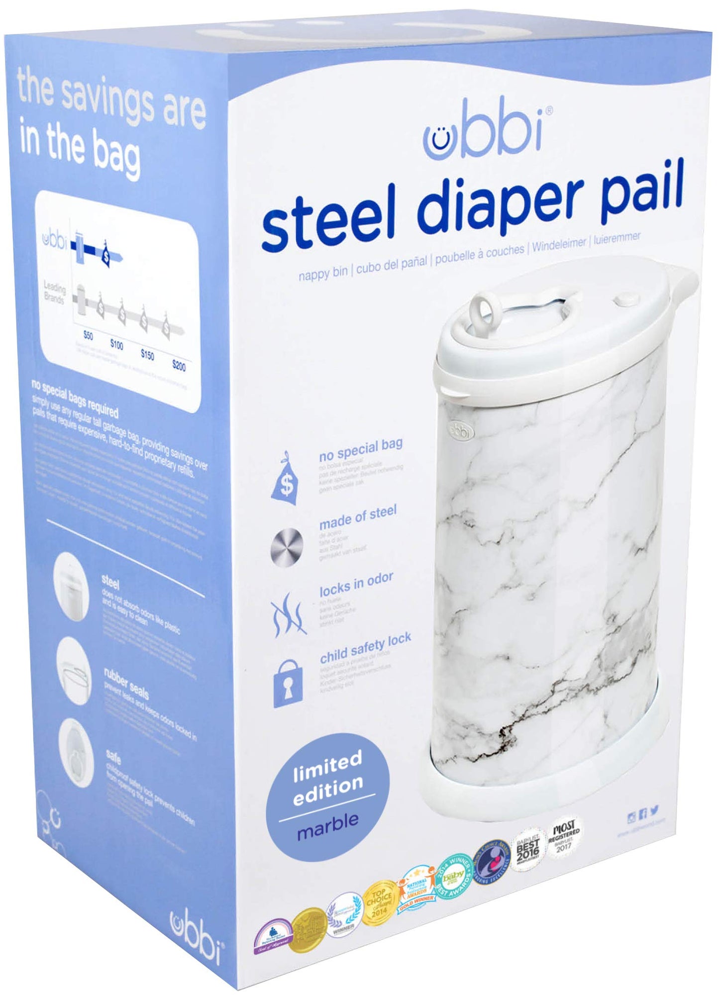 Ubbi Steel Diaper Pail, Odor Locking, No Special Bag Required, Award-Winning, Registry Must-Have, White