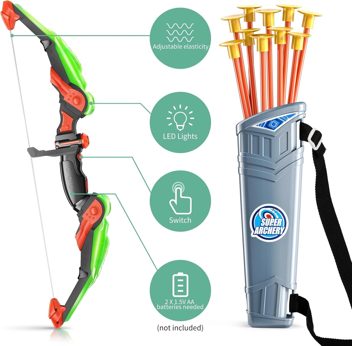 TEMI Kids Bow and Arrow Set - LED Light Up Archery Toy Set with 10 Suction Cup Arrows, Target & Quiver, Indoor and Outdoor Toys for Children Boys Girls