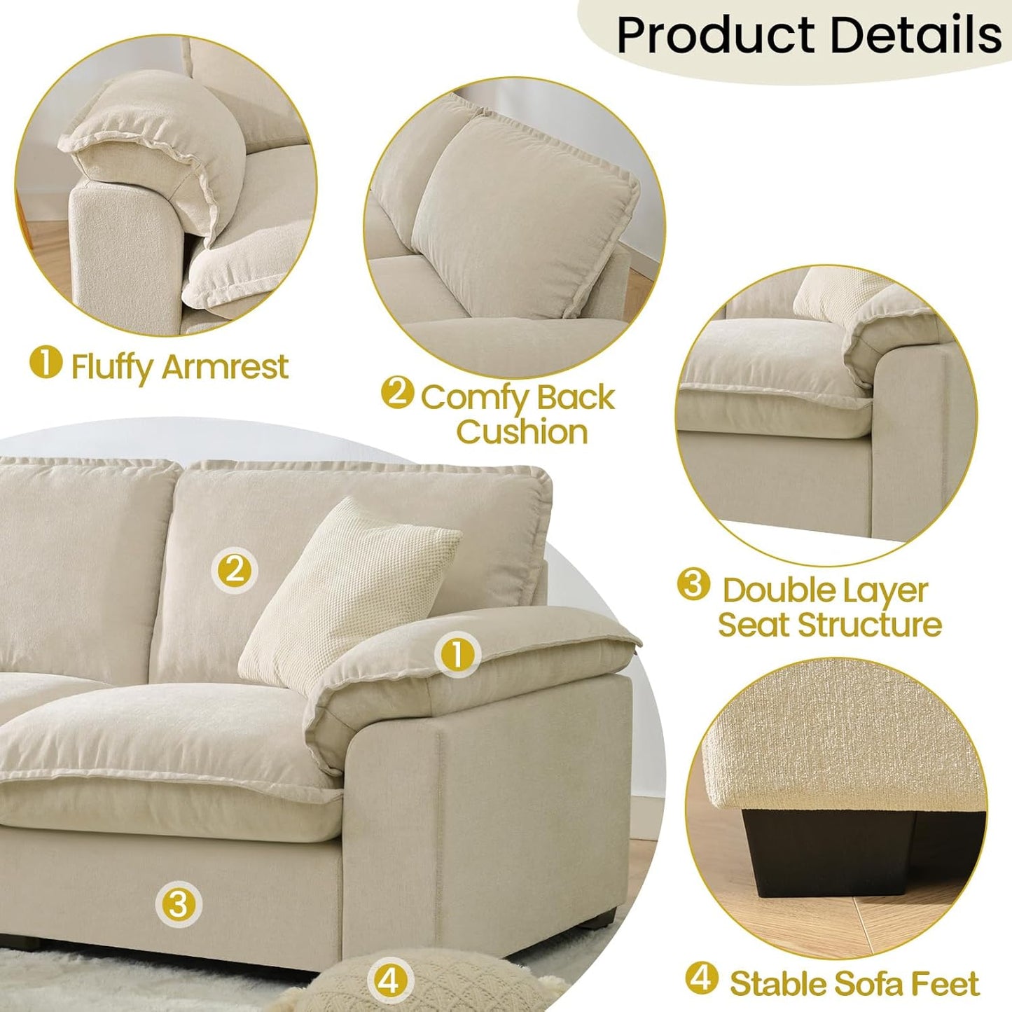 Modular Sectional Sofa Deep Seat Cloud Couch with Reversible Chaise L Shaped Couch with Padded Armrests Chenille Sectional Couches for Living Room Apartment Office Beige